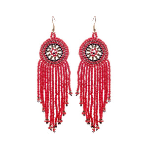 Red Seed Bead Fringe Round Earrings