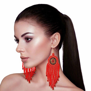 Open image in slideshow, Red Seed Bead Fringe Round Earrings
