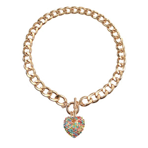 Open image in slideshow, Multicolored Rhinestone Heart Toggle Necklace
