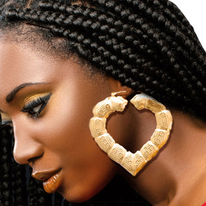 Open image in slideshow, Large Gold Heart Bamboo Hoop Earrings
